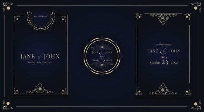 ilustration graphic vector of elegant floral wedding invitaion card set in dark blue color 