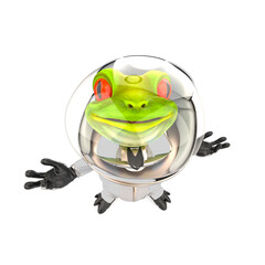 frog astronaut is looking up with arms wide open in white background top view
