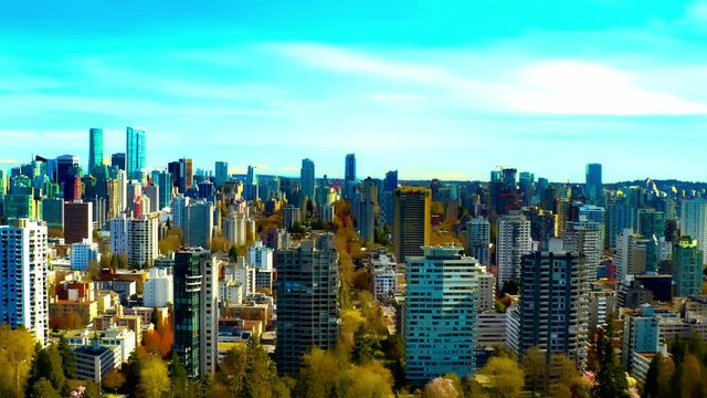 1-2Stanley Park Edge Condominium Residential Tower Building Apartments in Downtown Vancouver Canada aerial parallel flyby above the homes by the forest entrance of the recreational lush areas