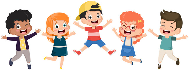 Cute little kids Playing Outside. Boys and girls are fun playing together happily jump. Kids Play at the grass. Concept is fun and vibrant moments of childhood. Vector illustrations.