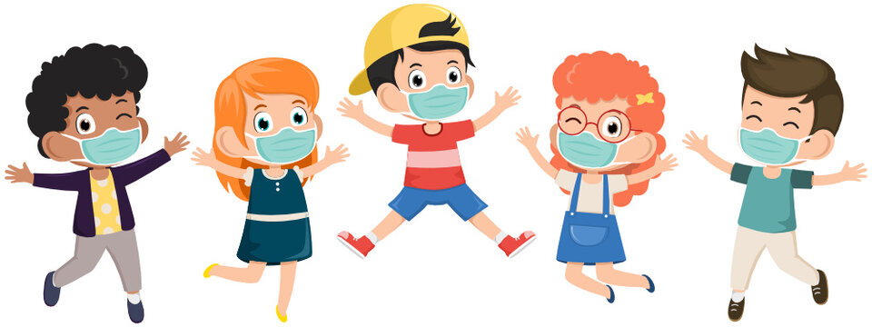 Boys And Girls Are Wearing Face Mask Protect Corona Virus Or Covid 19 To Playing Together Happily Jump. New Normal Kid Lifestyle Concept. Students And Friends. Kids Vector Illustration.