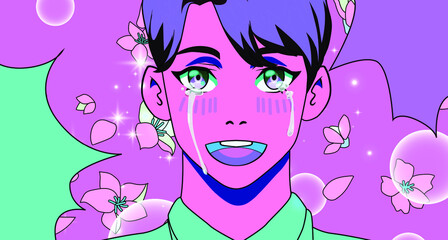 Crying blue-haired young man in anime style. A scene with falling sakura flowers and a male character.