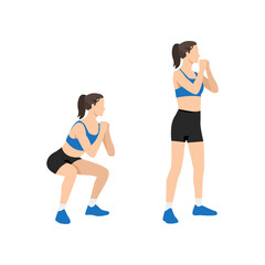 Woman doing Bodyweight squats exercise. Flat vector illustration isolated on white background - obrazy, fototapety, plakaty