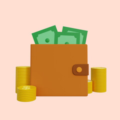 3d illustration money on wallet and stack of coin