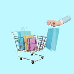 3d illustration hand holding shopping bag and shopping cart