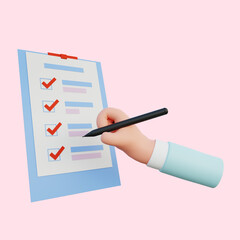 3d illustration hand doing check list with pink background