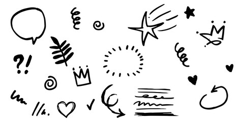 hand drawn set of curly swishes, swashes, swoops. Abstract arrows,  Arrow, heart, love, star, leaf, sun, light, crown, king, queen, on doodle style for concept design. vector illustration.
