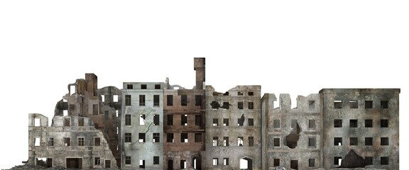 Ruined city building isolated on white 3d illustration