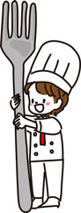 コックの格好の子供がフォークを持っているイラスト