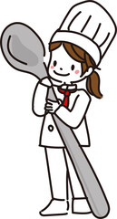 コックの格好の子供がスプーンを持っているイラスト