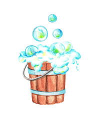 Soapy water in a bucket. Watercolor