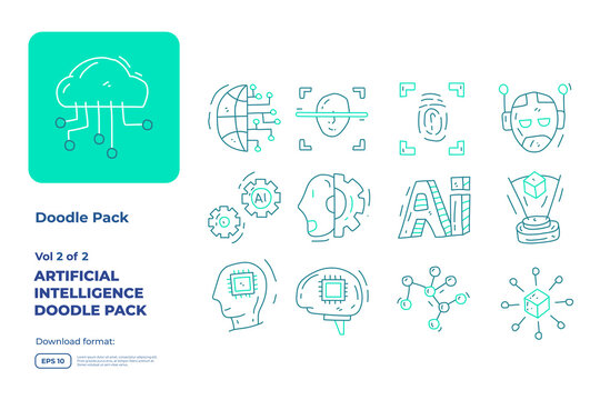 Artificial intelligence AI concept with circuit board data and brains chip for engineering, development, brainstorming. Hand drawn doodle icons set vector outline style vector illustration