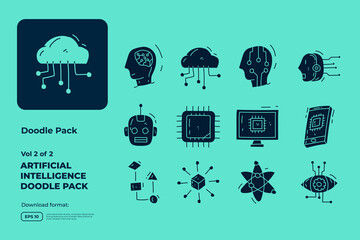 Artificial intelligence AI concept with circuit board data and brains chip for engineering, development, brainstorming. Hand drawn doodle icons set vector bold solid style vector illustration