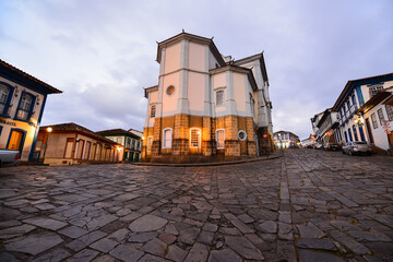 Dusk at the main square on the historic, UNESCO World Heritage listed, centre of town of Diamantina, Minas Gerais, Brazil