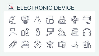 A set of vector illustrations, icons of electronic devices, accessories from a thin line. Monitor, drone, battery, flashlight, games, and computer electronics.