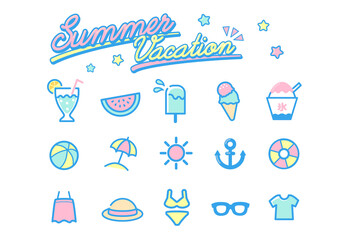 レトロポップな夏のアイコン素材セット　パステル