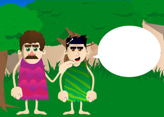 Cartoon prehistoric man comforting another. Vector illustration of a man from the stone age. Helping a friend when he is sad.