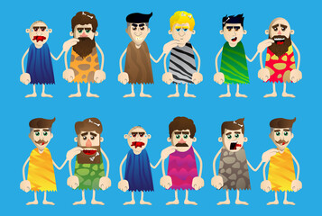 Cartoon prehistoric man comforting another. Vector illustration of a man from the stone age. Helping a friend when he is sad.