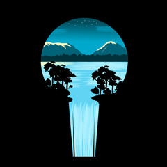 natural background with silhouettes of trees, mountain , lake and waterfall. vector illustration in circle