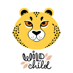 Vector illustration of a cute cartoon cheetah face signed wild child