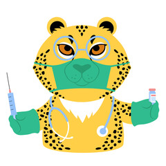 Vector illustration of a cute cartoon cheetah in a face mask with a syringe and vial of medicine