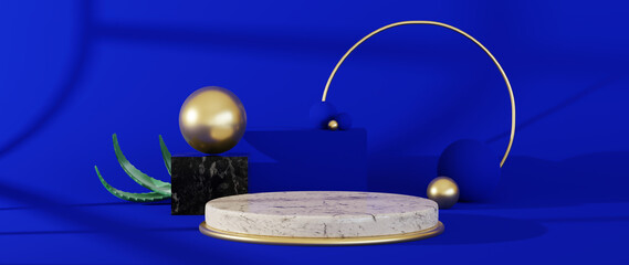 3d render of podium. Blue and gold color Background with geometric composition, semicircular stand. Modern design.