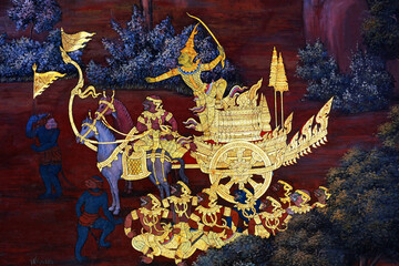 Thai traditional painting art work due to classic literatures on wall at a temple © surasak