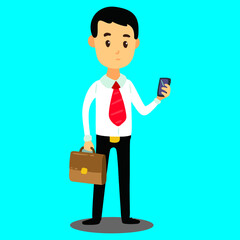 businessman wearing white shirt holding bag and checking mobile phone