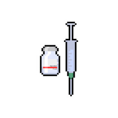 Pixel art vaccine bottle and syringe icon.