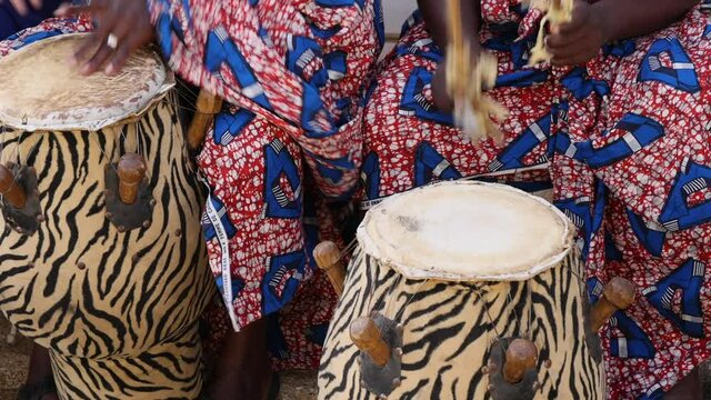 Traditional drum Ashanti drummers Kumasi Ghana Africa. Traditional cultural music instruments, drums, for dancing and entertainment. Culture African celebration demonstration. Typical dance.