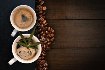 cannabis coffee with coffee beans on table on the table