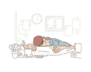 A man in glasses is sleeping on the desk.hand drawn style vector design illustrations. 
