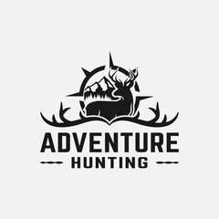 Deer Antler Compass Mountain for Adventure Outdoor Hiking Camping Hunting Sport Gear Business Brand Community Club Classic Unique Hipster Retro Rustic Vintage Silhouette Badge Logo Design Template.