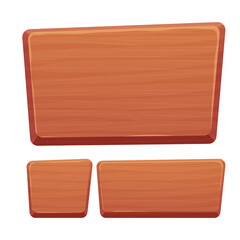 Wood button set in cartoon style with cracked details isolated on white background. Game assets, ui interface, menu. Collection of different shapes for application.