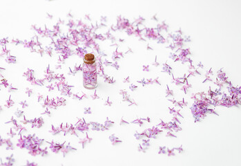 Cosmetic bottle close up with lilac flowers on the white background