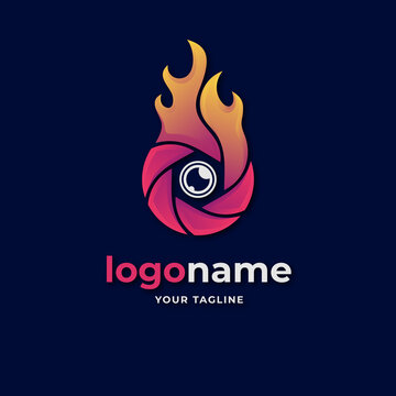 fire flame lens logo. with circle fire flame shape and gradient red and orange logo. lens diaphragm logo illustration