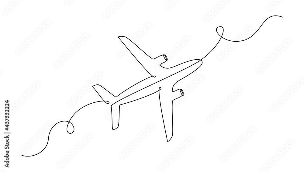 Poster airplane in one continuous line drawing. editable stroke. simple vector illustration in linear style