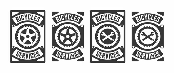 Set of black and white illustrations of gear, crossed wrenches and text on the background. Vector illustration in vintage style for poster, emblem, sticker, label, badge. Bicycle service. Workshop.