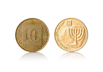 Israeli coin 10 agorot isolated on white background