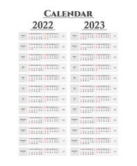 Calendar 2022 and 2023 year. Calendar 2022  and 2023  starting from Sunday. Vector illustration. Flat