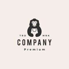 snub nose monkey shop shopping bag hipster vintage logo vector icon illustration