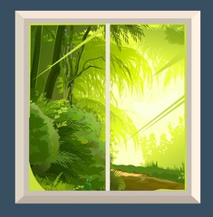 The window is ordinary. With fragments of the wall. The view from the room to a light green garden or forest. Cartoon flat style. Vector.