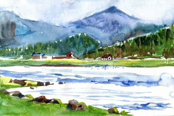 Watercolor illustration. Mountain river landscape, plein air painting sketch.