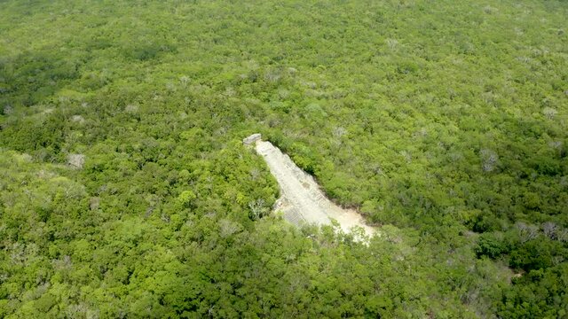 Aerial view of the Mayan pyramids in the jungle of Mexico near Coba.