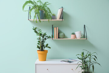 Interior of modern room with chest of drawers and shelves