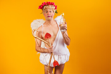 drunk cupid holding a bottle of liquor, Drunk, holding a bottle of cachaça.