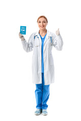 Doctor with immune passport showing thumb-up gesture on white background