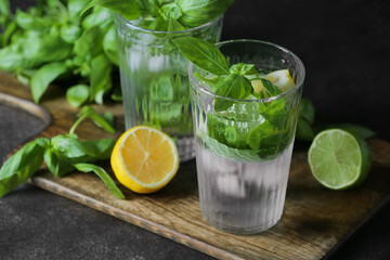 Glasses of lemonade with basil on dark background
