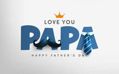 Father's Day poster or banner template with mustache and necktie on gray background.Greetings and presents for Father's Day in flat lay styling.Promotion and shopping template for love dad - obrazy, fototapety, plakaty