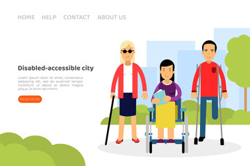 Disabled People Characters Living in Accessible City Vector Landing Page Template